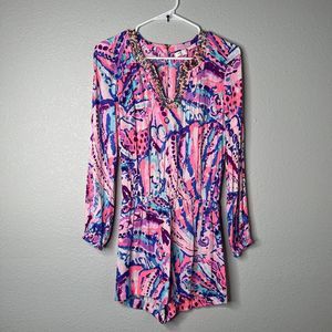 Lilly Pulitzer Colony Coral Shell Out Colby Pink Blue Print Romper XS